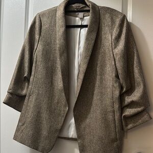 Women's Tan Herringbone Tweed Cropped sleeve Blazer